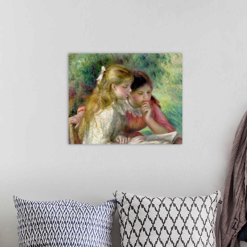 A bohemian room featuring Giant classic art portrays a couple well-dressed young girls studying a book.  Artist places the ...