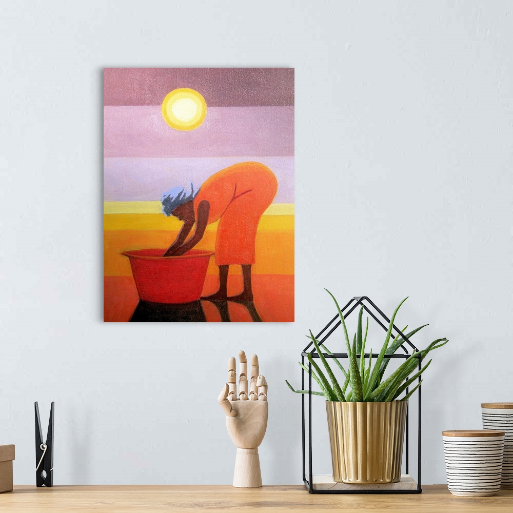 A bohemian room featuring Big, vertical contemporary painting of an African American woman in a dress, bent over with her h...
