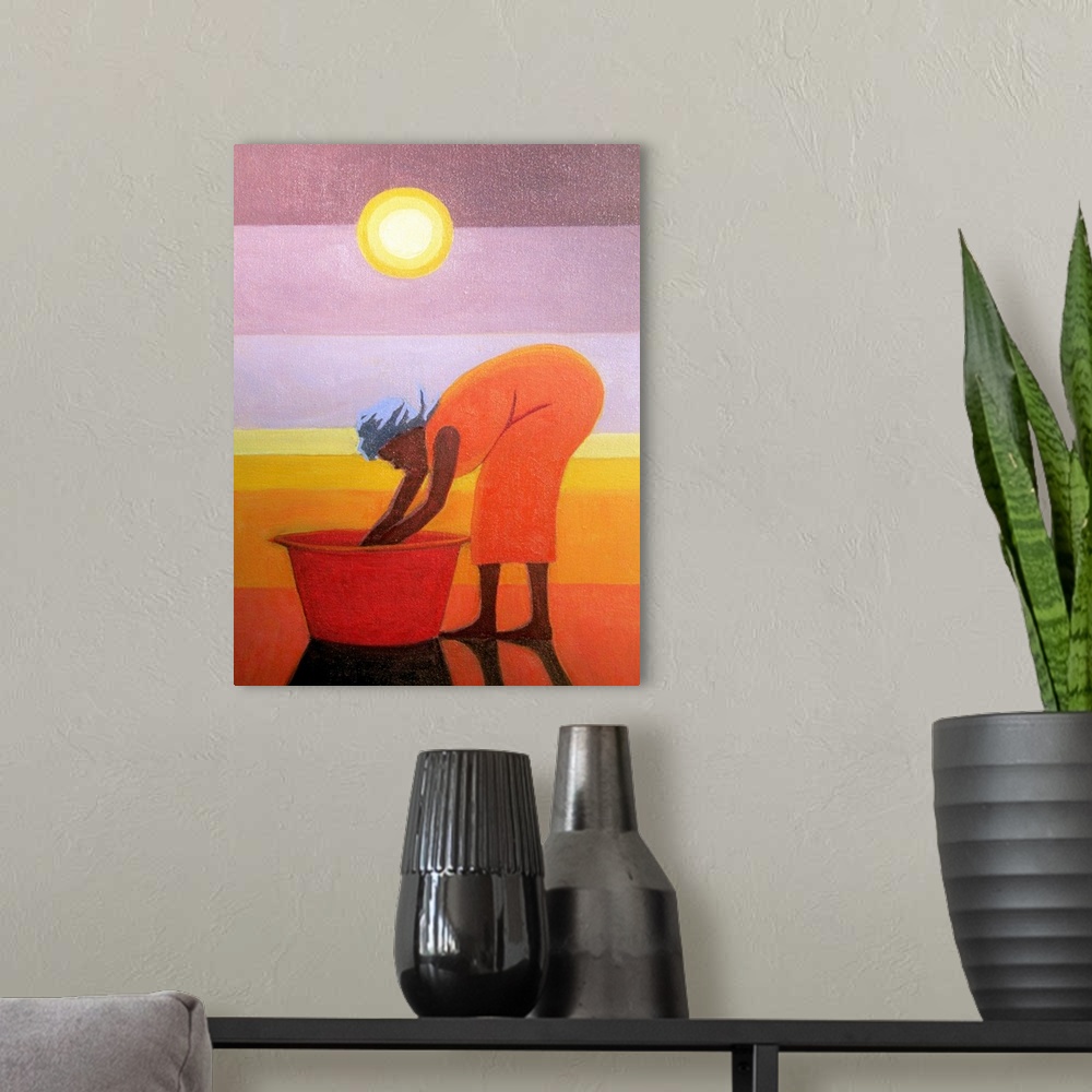 A modern room featuring Big, vertical contemporary painting of an African American woman in a dress, bent over with her h...