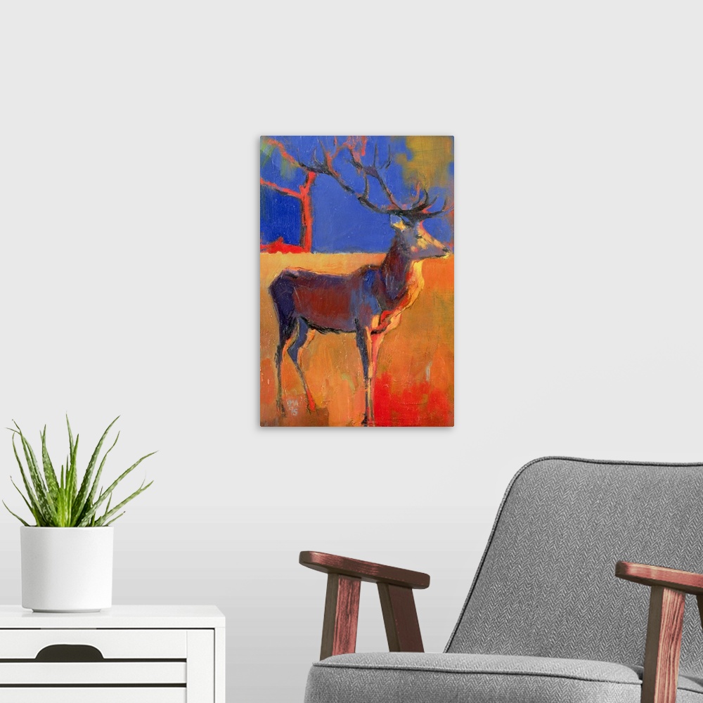 A modern room featuring A painting created by a contemporary artist of a deer with enormous antlers standing in an abstra...