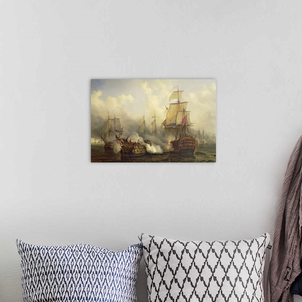 A bohemian room featuring Landscape, large classic painting of several ships battling in the water, clouds of smoke surroun...