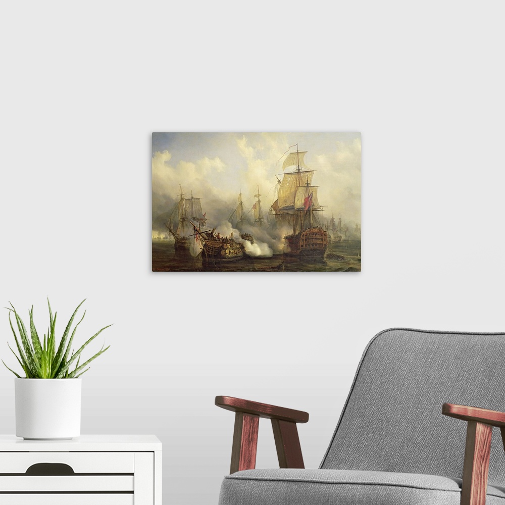 A modern room featuring Landscape, large classic painting of several ships battling in the water, clouds of smoke surroun...