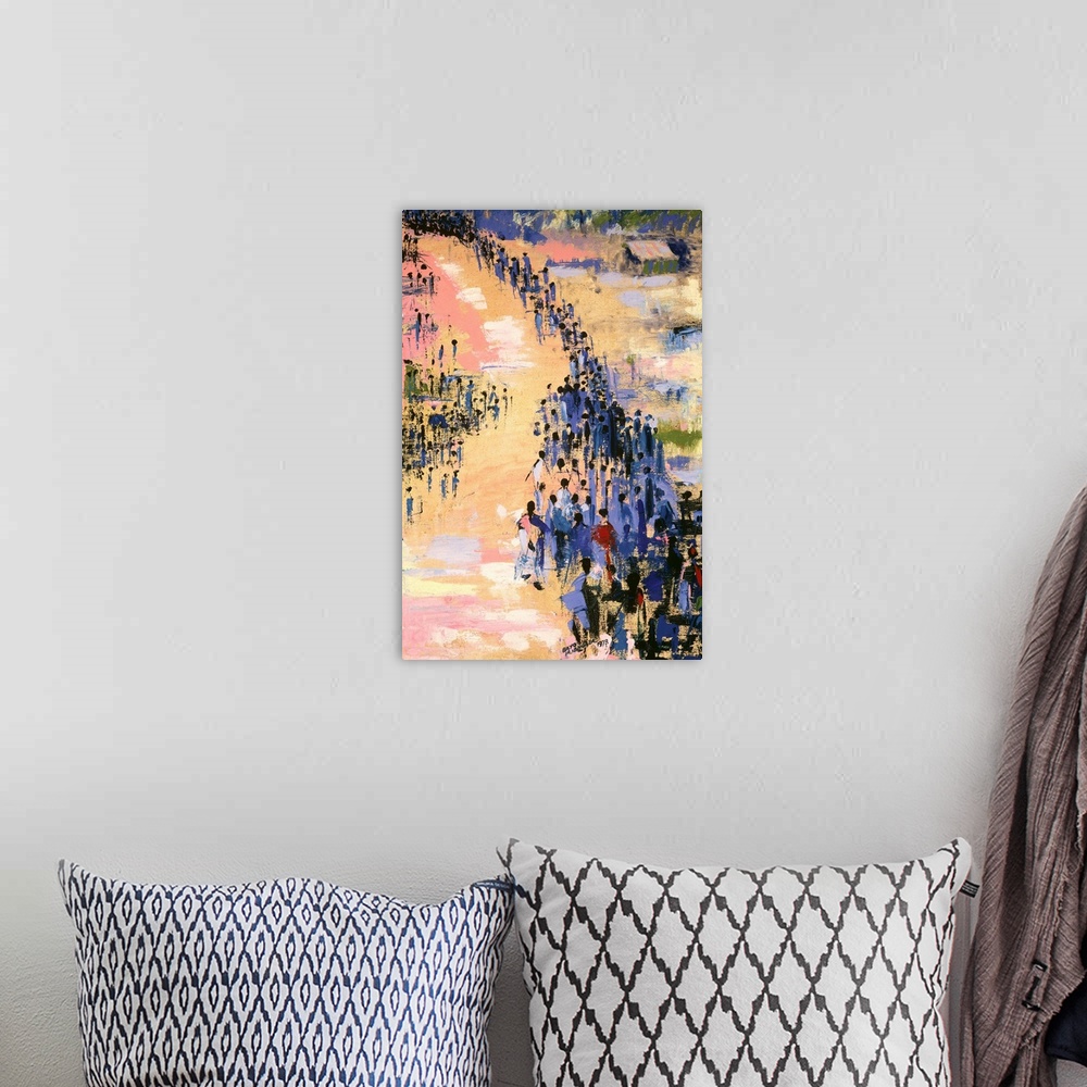 A bohemian room featuring This vertical painting depicts a scene that is an exodus of abstract black figures progressing to...