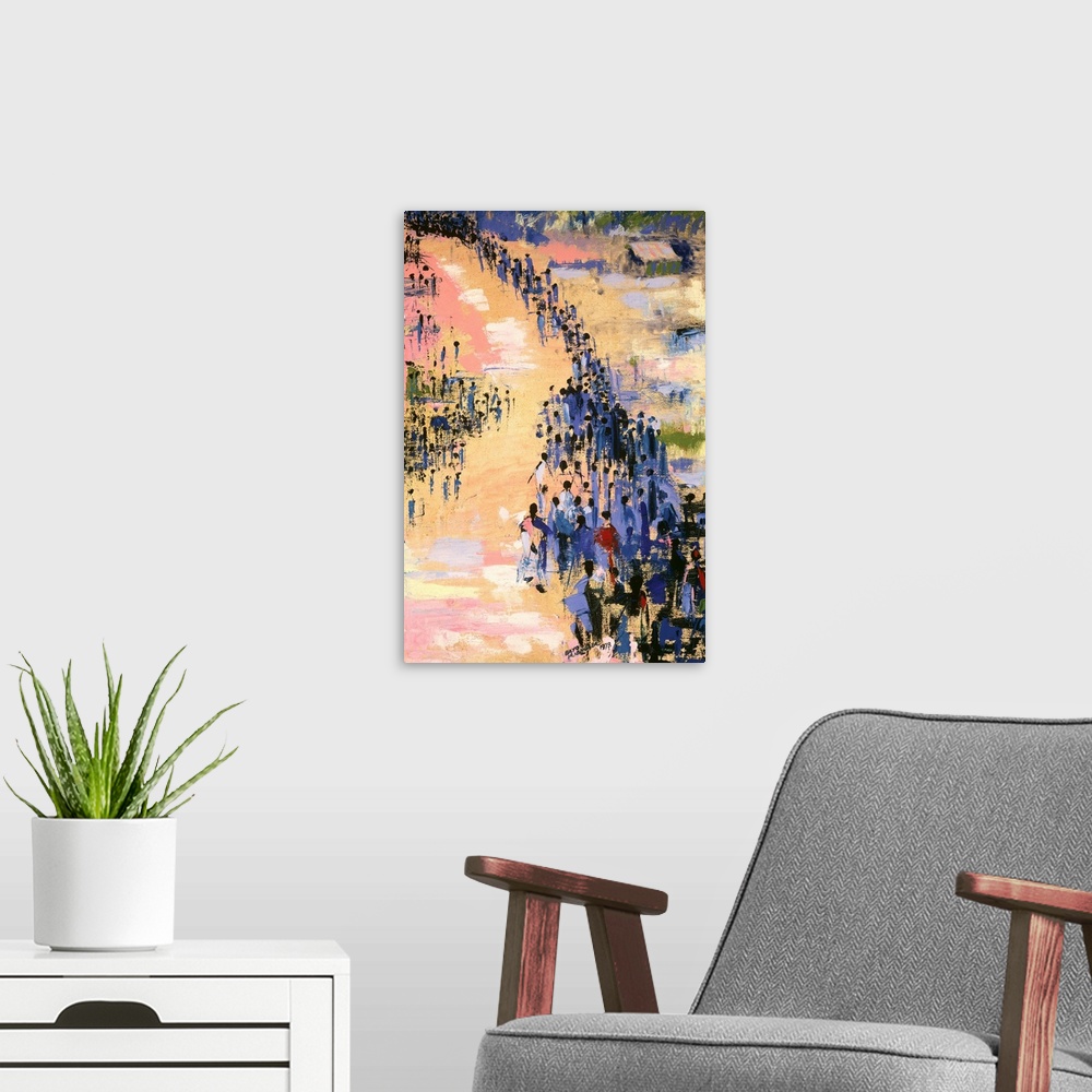 A modern room featuring This vertical painting depicts a scene that is an exodus of abstract black figures progressing to...