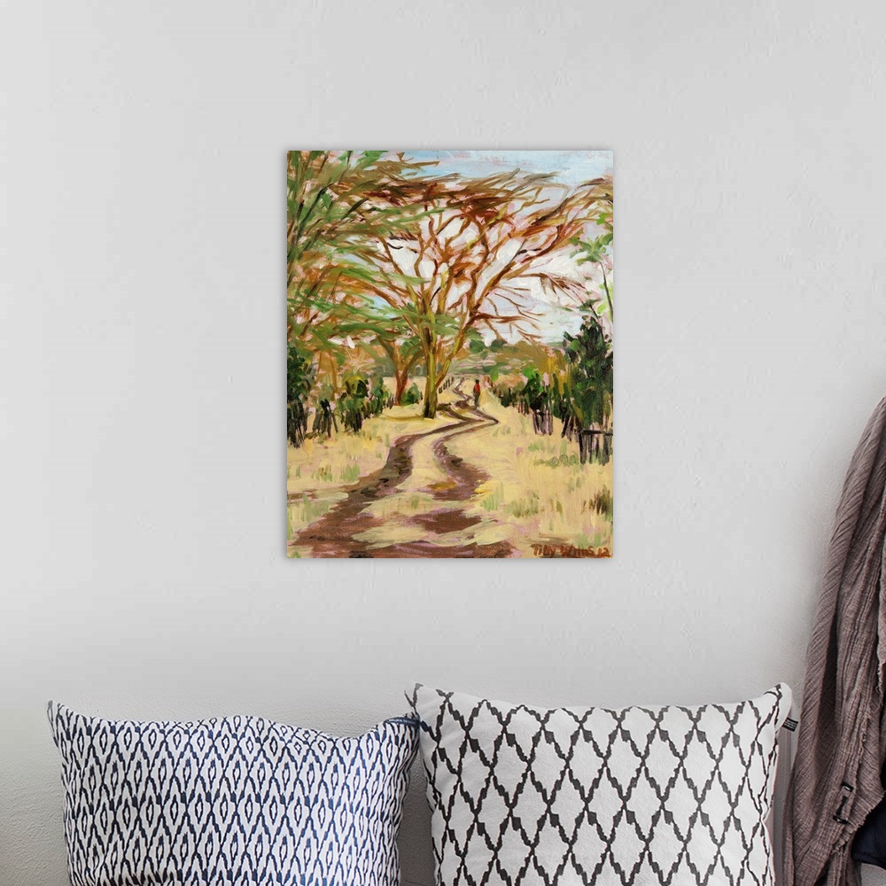 A bohemian room featuring Contemporary painting of tracks through the Kenyan landscape.