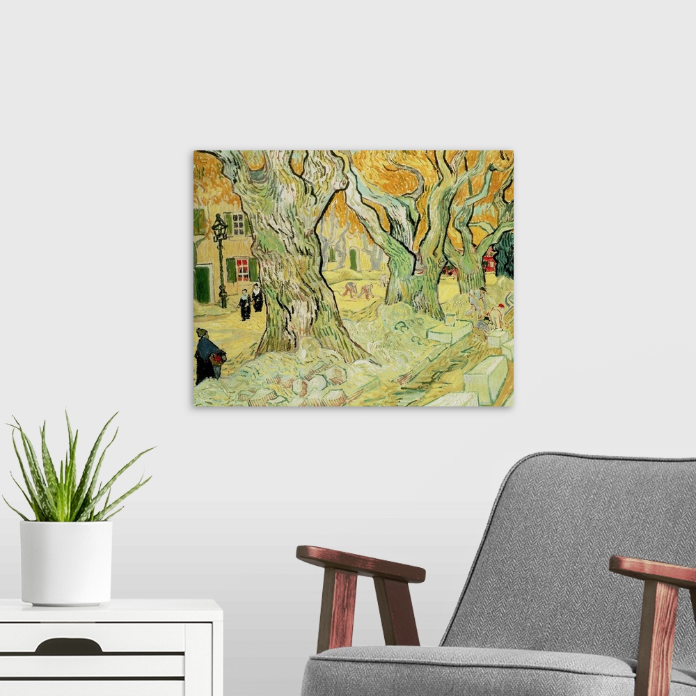 A modern room featuring Large trees line the middle of this print with houses and a street just to the left where people ...