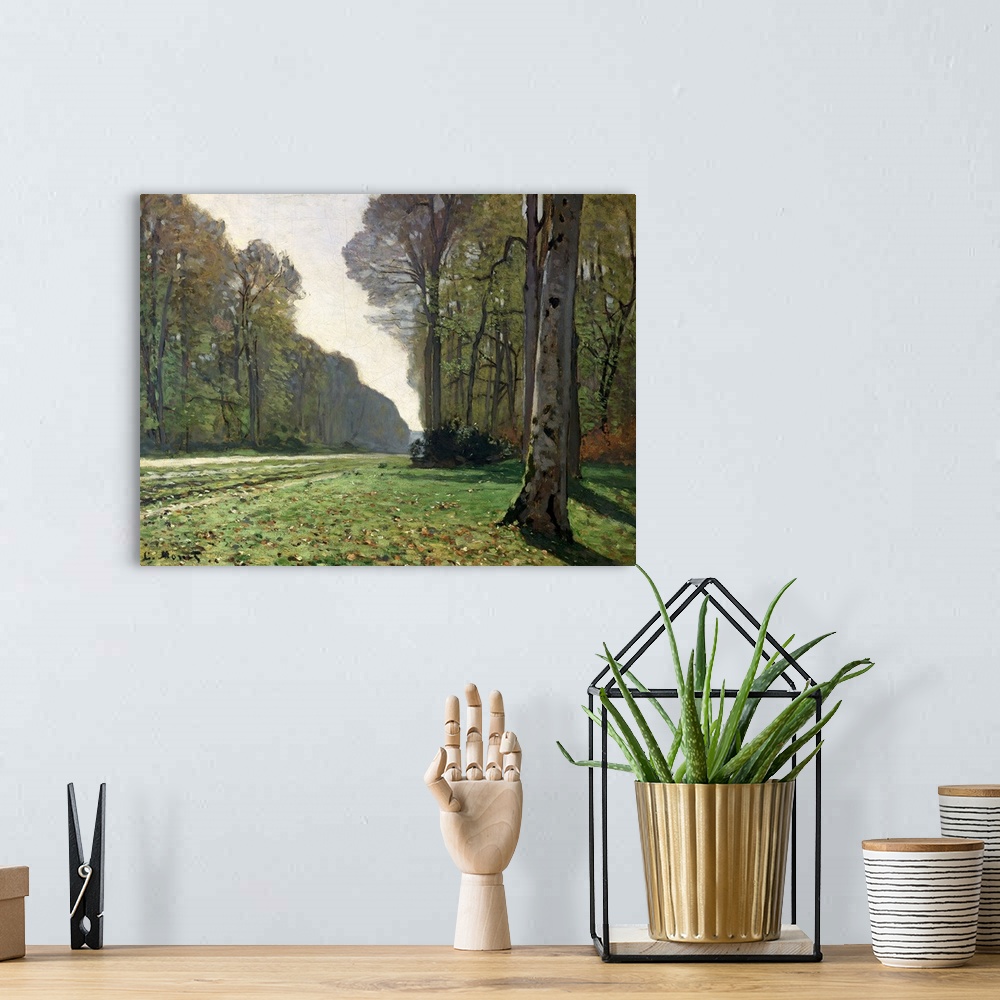 A bohemian room featuring Oil painting on canvas of a path that cuts through a forest.