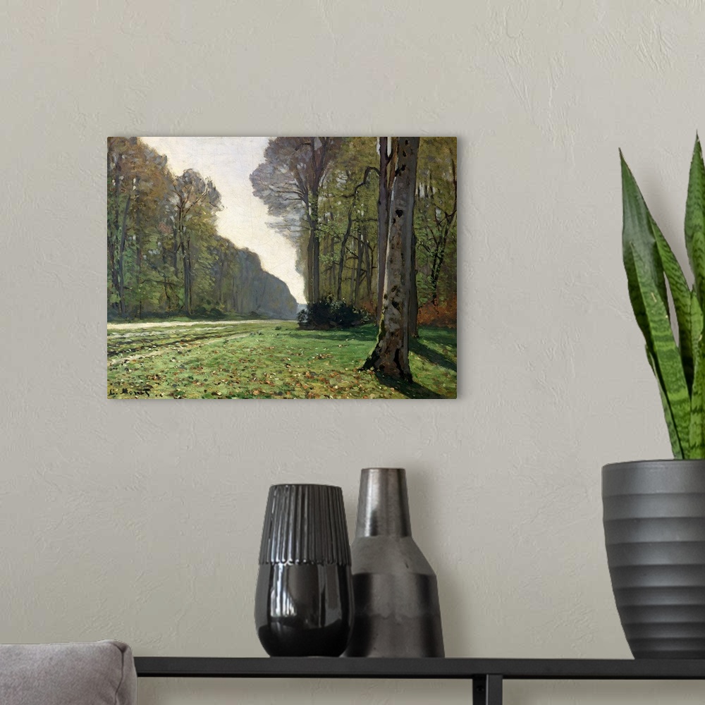 A modern room featuring Oil painting on canvas of a path that cuts through a forest.