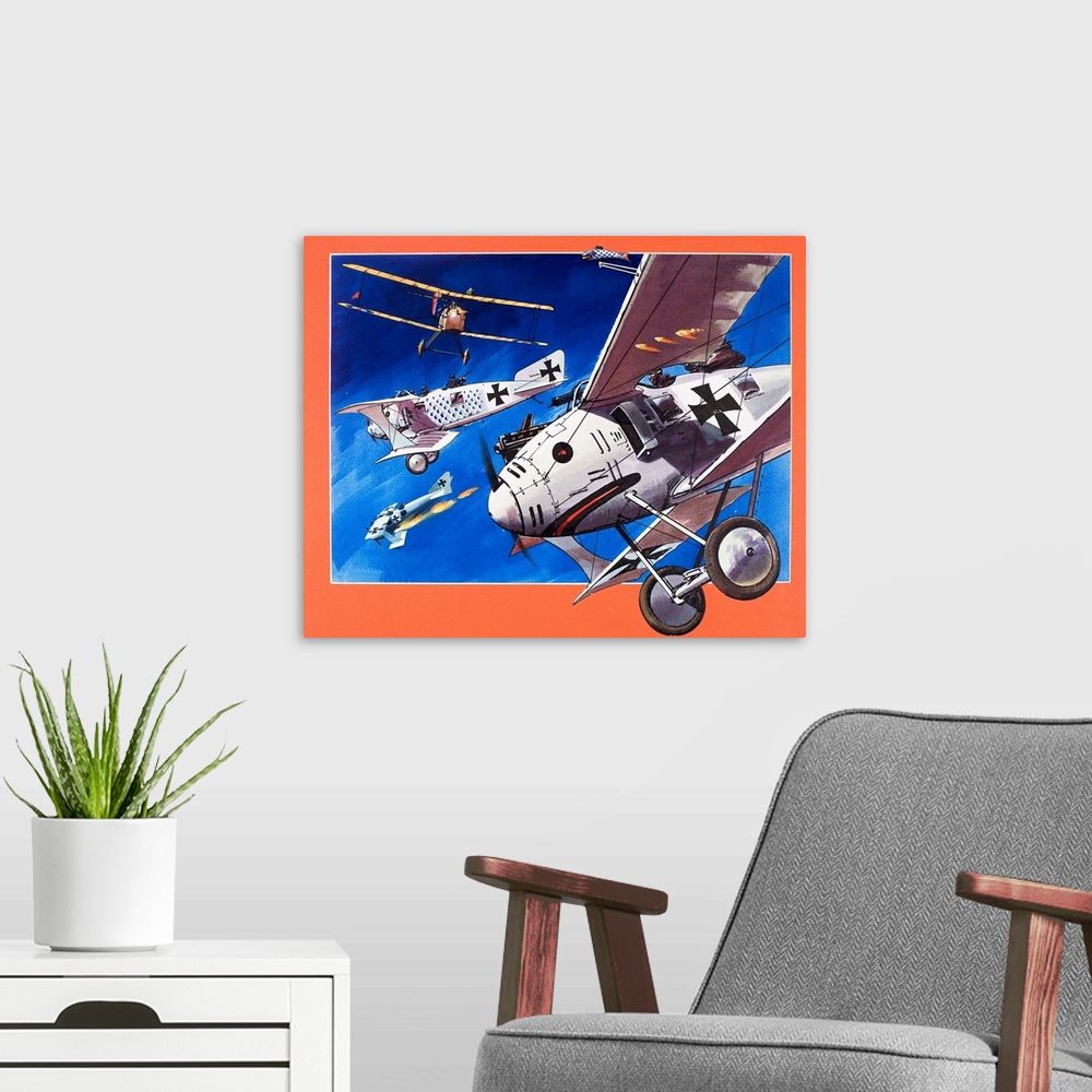 A modern room featuring Planes from the Past: The Roland C-11. Original artwork from "Look and Learn," issue 741, 27 Marc...