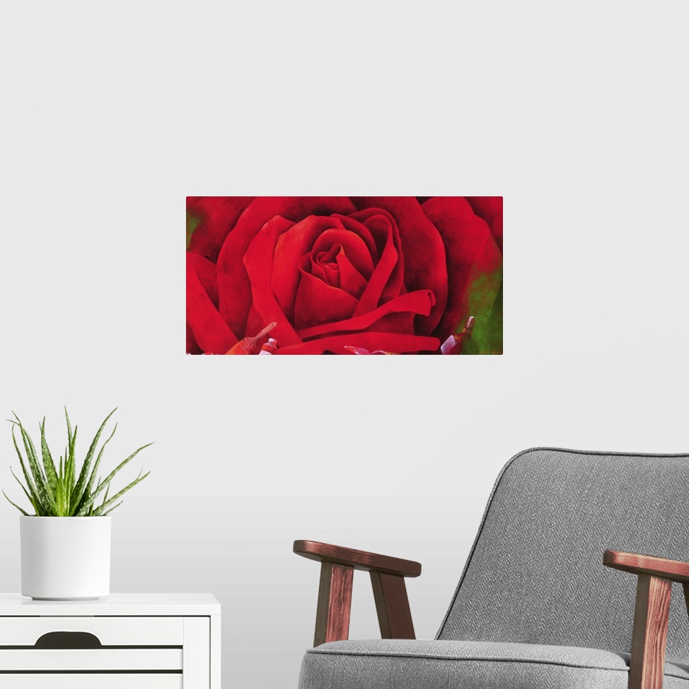 A modern room featuring Giant, horizontal, close up painting of a blooming red rose with green leaves on the outer edges....