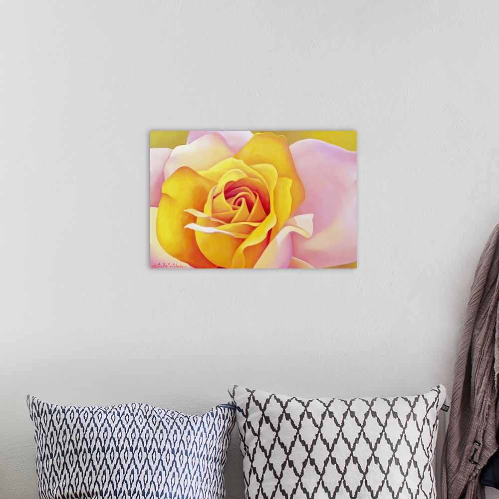 A bohemian room featuring Horizontal, close up floral painting of a vibrant, opening rose in golden tones, its outer petals...