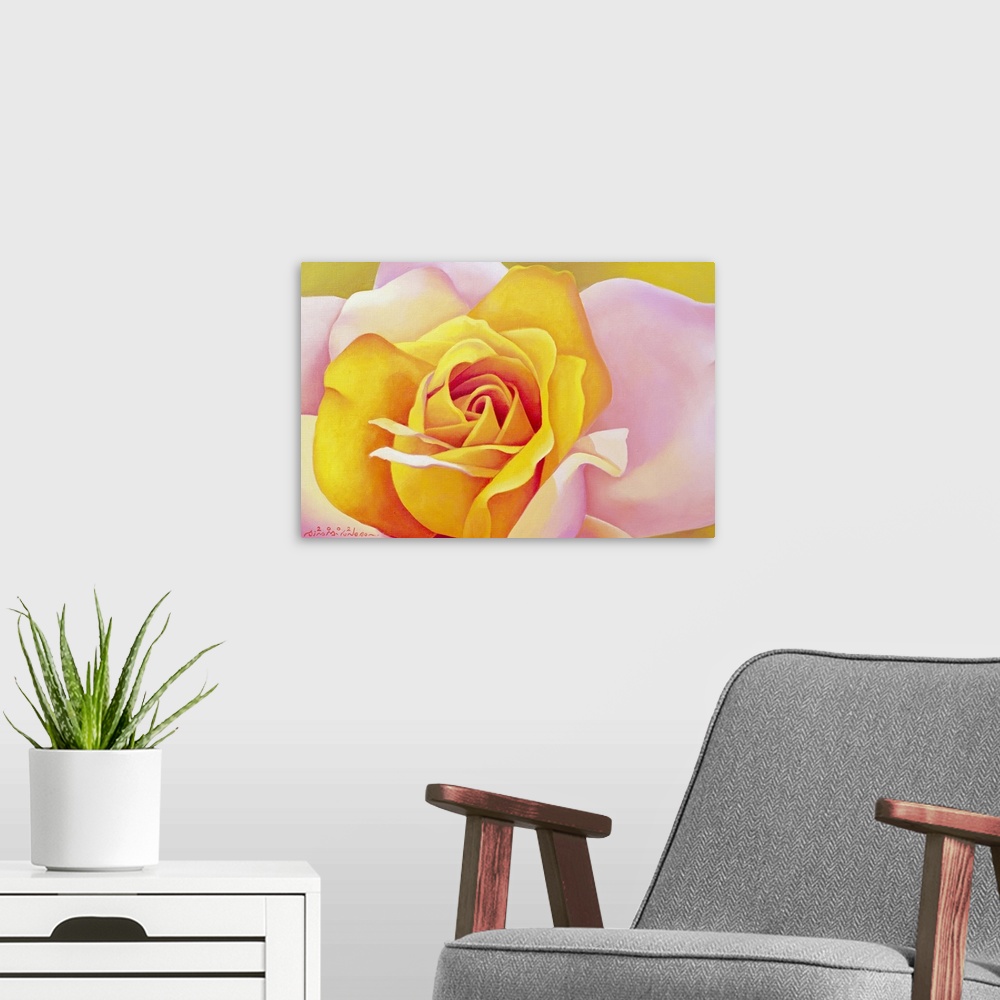 A modern room featuring Horizontal, close up floral painting of a vibrant, opening rose in golden tones, its outer petals...