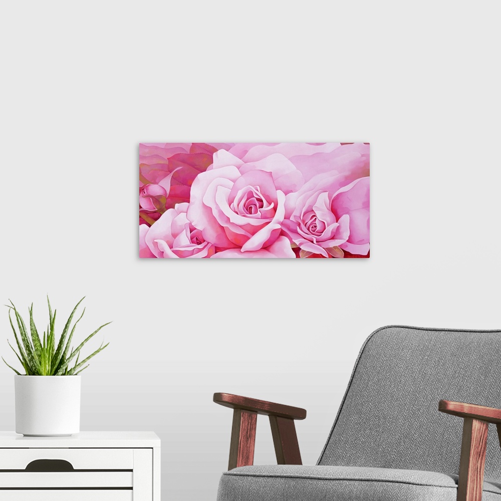 A modern room featuring A beautiful painting of full bloom and blooming pink roses.