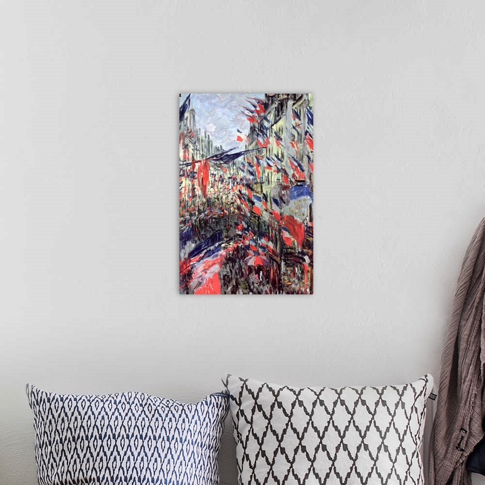 A bohemian room featuring This classic piece of artwork is a painting of a town with a street cutting through large buildin...