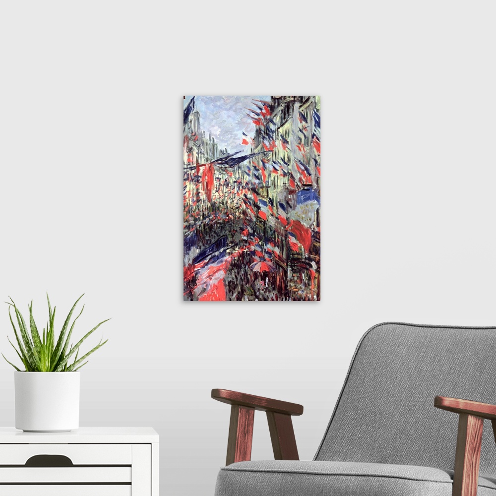 A modern room featuring This classic piece of artwork is a painting of a town with a street cutting through large buildin...