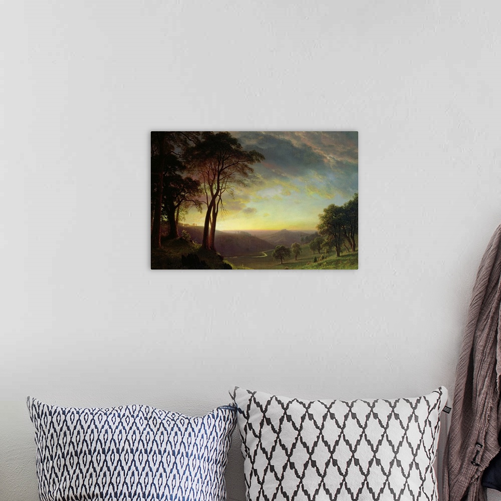 A bohemian room featuring Classic oil painting of the countryside of the Sacramento river valley at sunset.