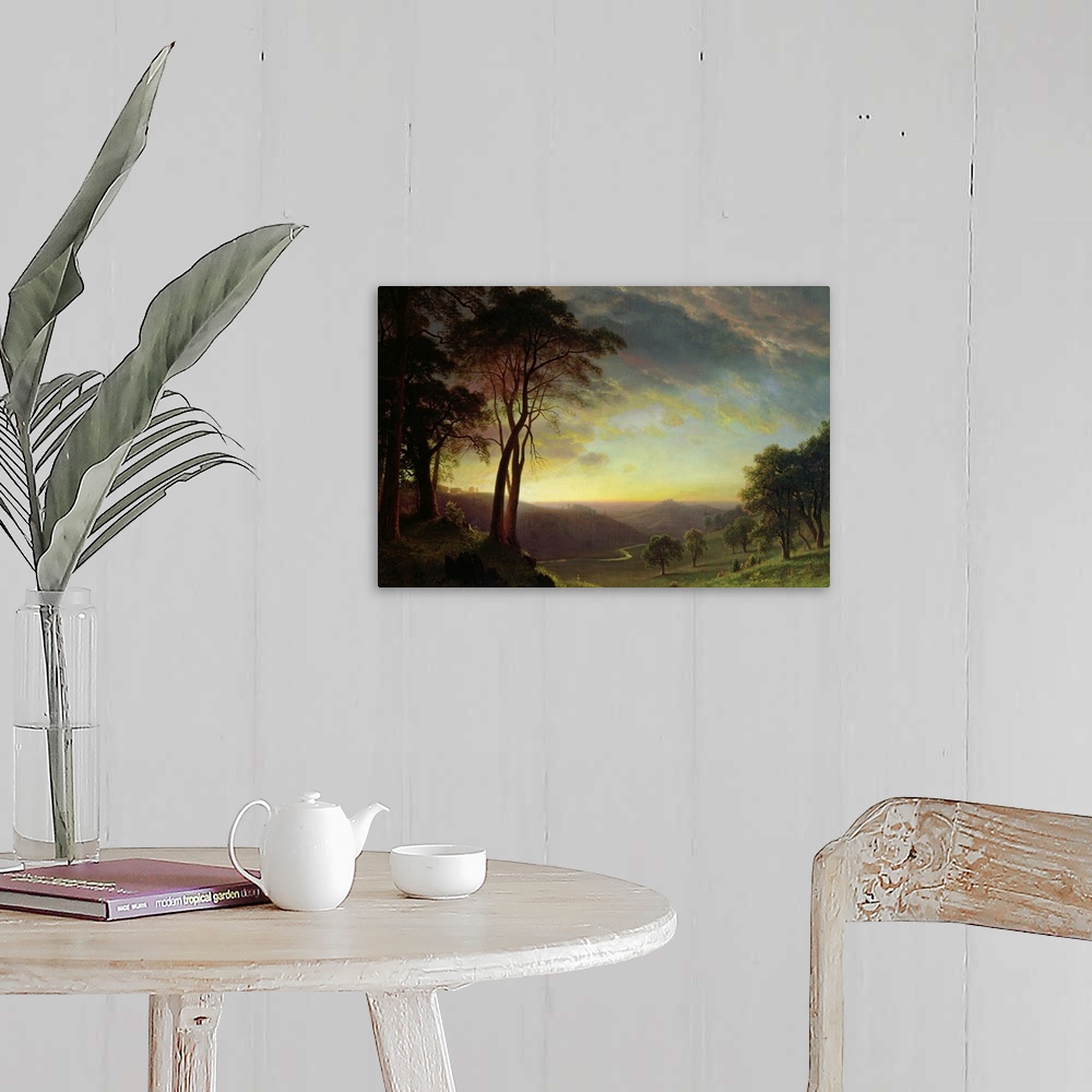 A farmhouse room featuring Classic oil painting of the countryside of the Sacramento river valley at sunset.