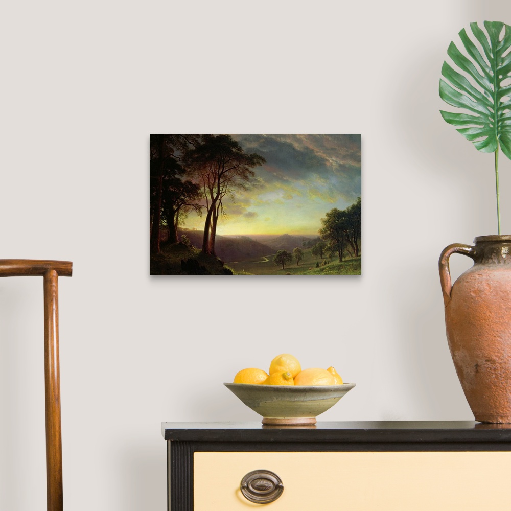 A traditional room featuring Classic oil painting of the countryside of the Sacramento river valley at sunset.