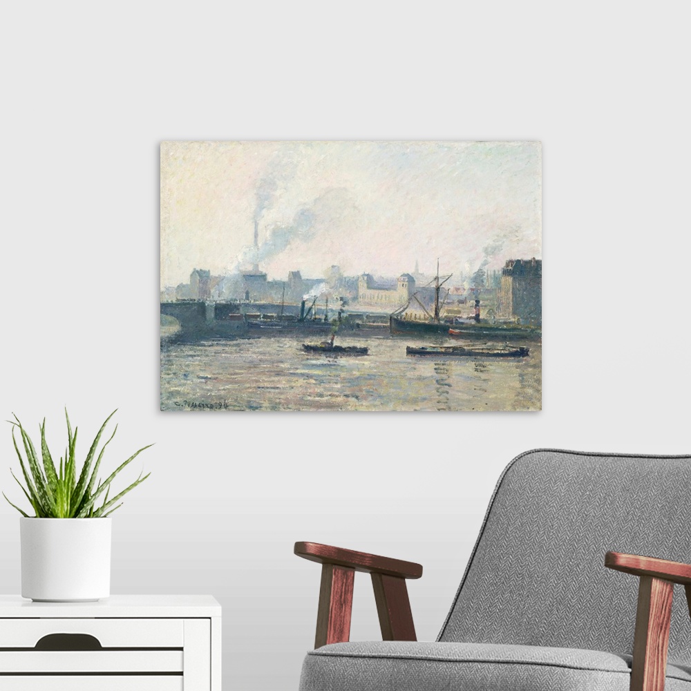 A modern room featuring The Saint-Sever Bridge, Rouen: Mist, 1896 (originally oil on canvas) by Pissarro, Camille (1830-1...