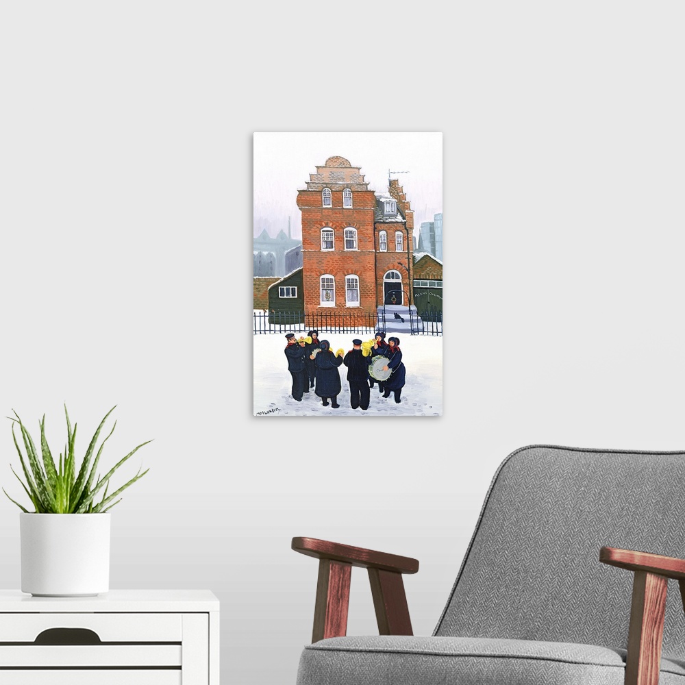 A modern room featuring Contemporary painting of a small band playing music outside in the snow.