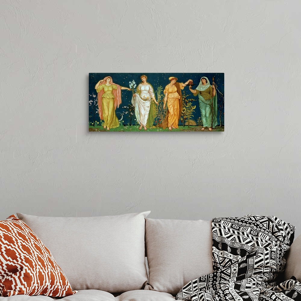 A bohemian room featuring Classic artwork that has four women each representing a different season from spring to winter.