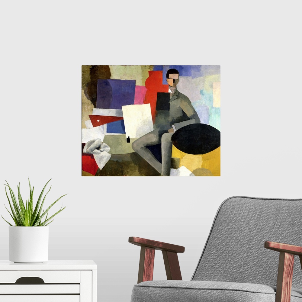 A modern room featuring XIR154629 The Seated Man, or The Architect (oil on canvas); by La Fresnaye, Roger de (1885-1925);...