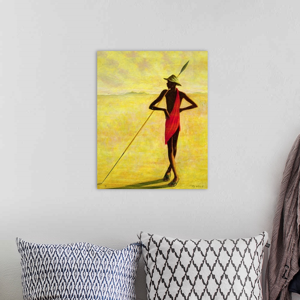 A bohemian room featuring A figure standing on the African plains, cast in shadows, leaning against a long spear.