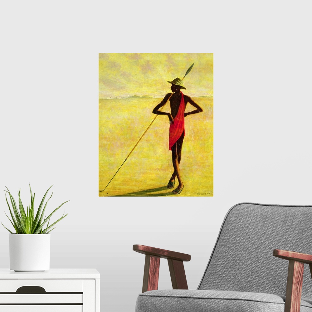 A modern room featuring A figure standing on the African plains, cast in shadows, leaning against a long spear.