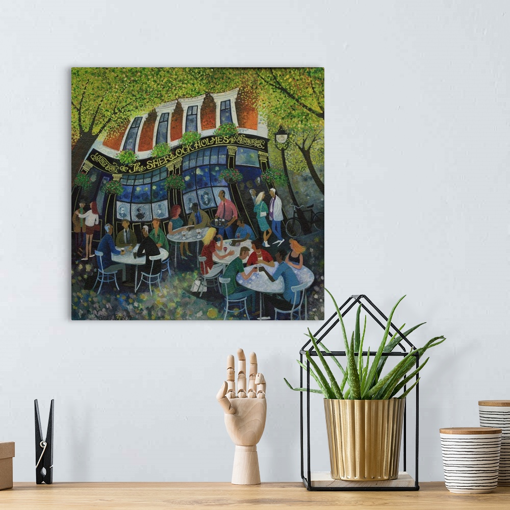 A bohemian room featuring Contemporary painting of people sitting outside at a pub.