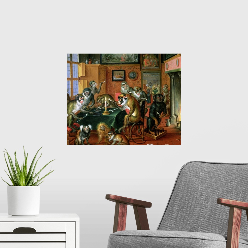 A modern room featuring XAM70744 The Smoking Room with Monkeys (oil on copper)  by Teniers, Abraham (1629-70); 24x31 cm; ...