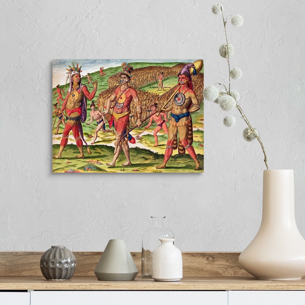 A farmhouse room featuring XIR210443 The Soldiers of Outina Marching to Cut their Enemies into Pieces, from 'Brevis Narratio...