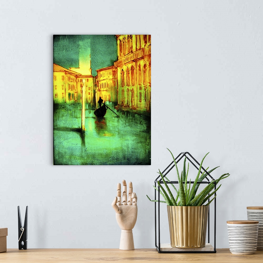 A bohemian room featuring Contemporary artwork of a gondolier on green water of the Venice canals.