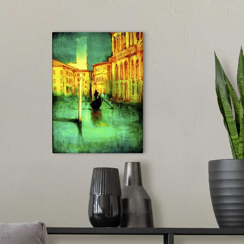A modern room featuring Contemporary artwork of a gondolier on green water of the Venice canals.