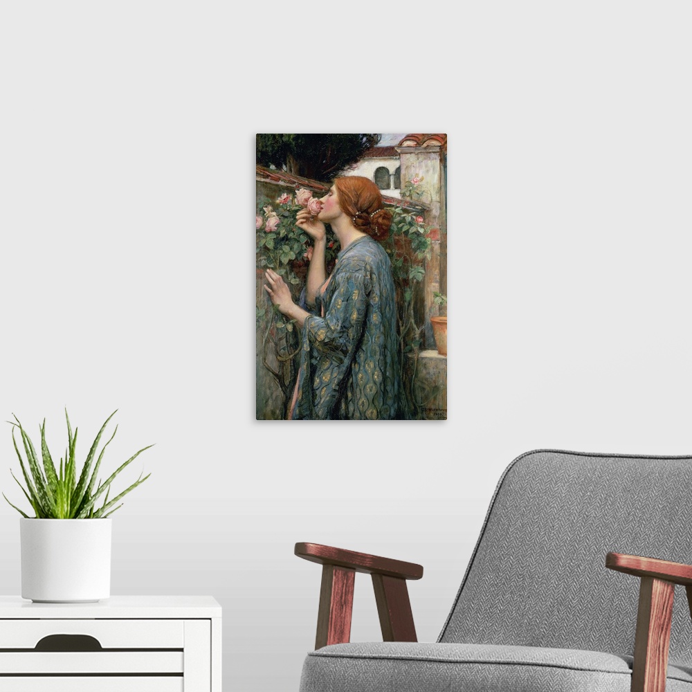 A modern room featuring A Pre-Raphaelite painting from the early 20th century of a red haired woman in an embroidered rob...