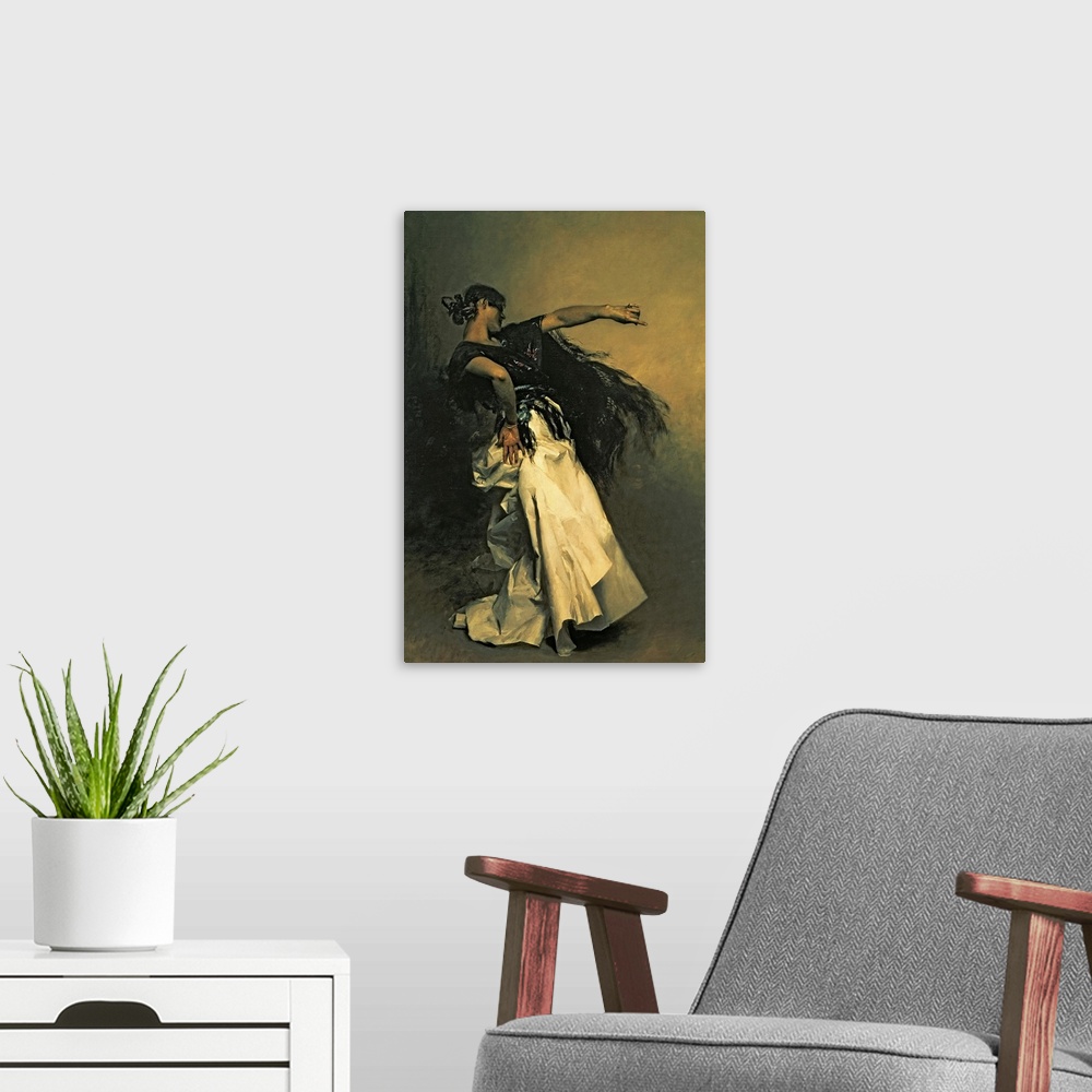 A modern room featuring Classic artwork of a Spanish dancer wearing a long white skirt and a black shawl which moves with...