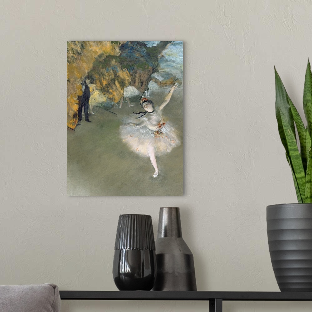 A modern room featuring Classic art painting of a ballerina dancing on the stage in her pink and floral tutu.