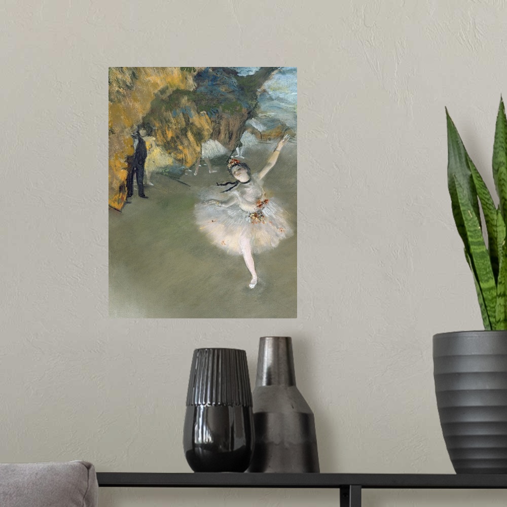 A modern room featuring Classic art painting of a ballerina dancing on the stage in her pink and floral tutu.