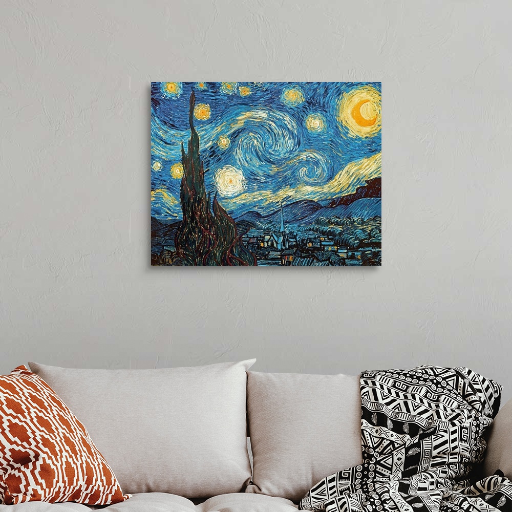 A bohemian room featuring Giclee print wall art of the famous painting of swirling patterns the night sky over a small vill...