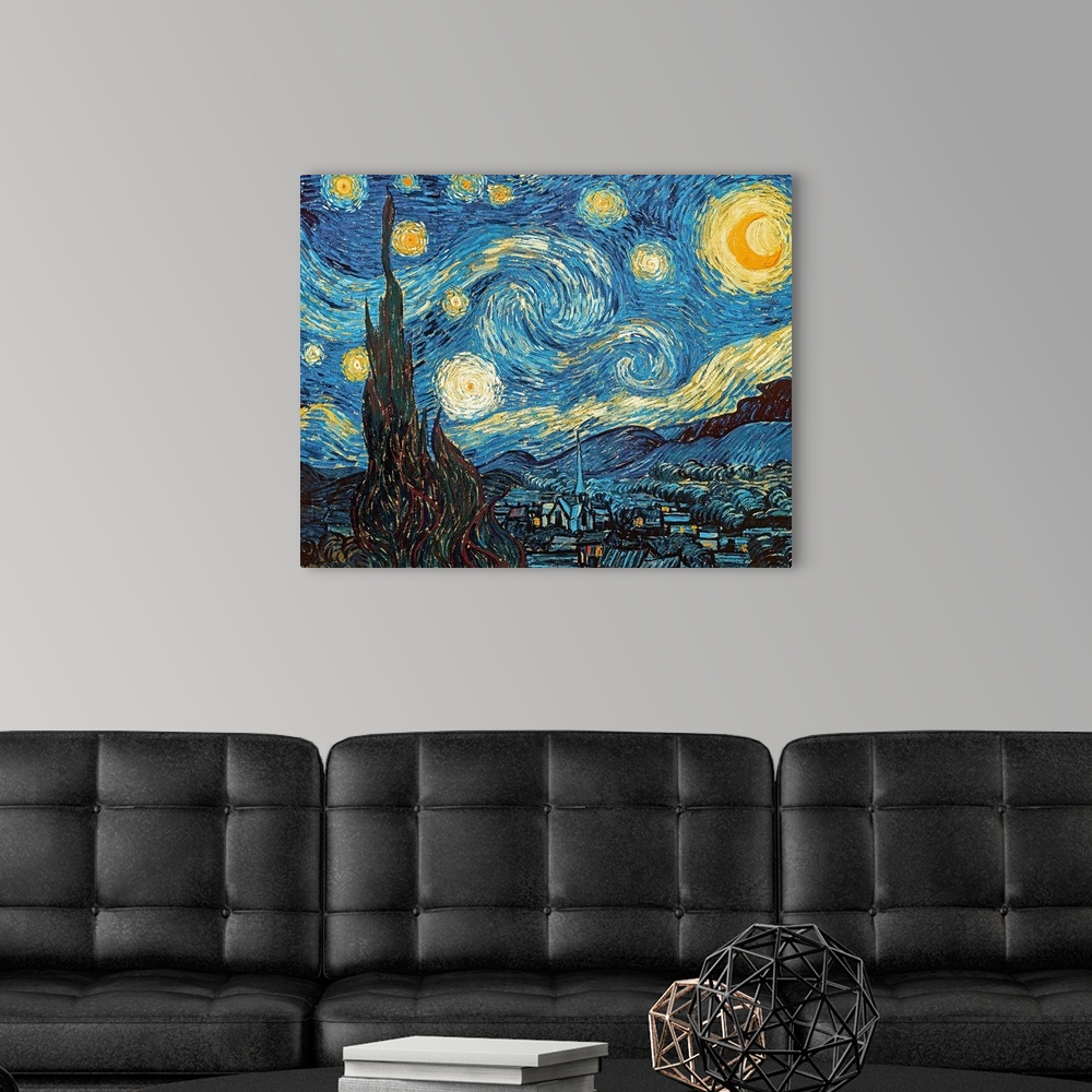 A modern room featuring Giclee print wall art of the famous painting of swirling patterns the night sky over a small vill...