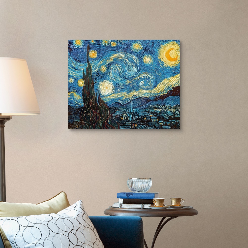 A traditional room featuring Giclee print wall art of the famous painting of swirling patterns the night sky over a small vill...