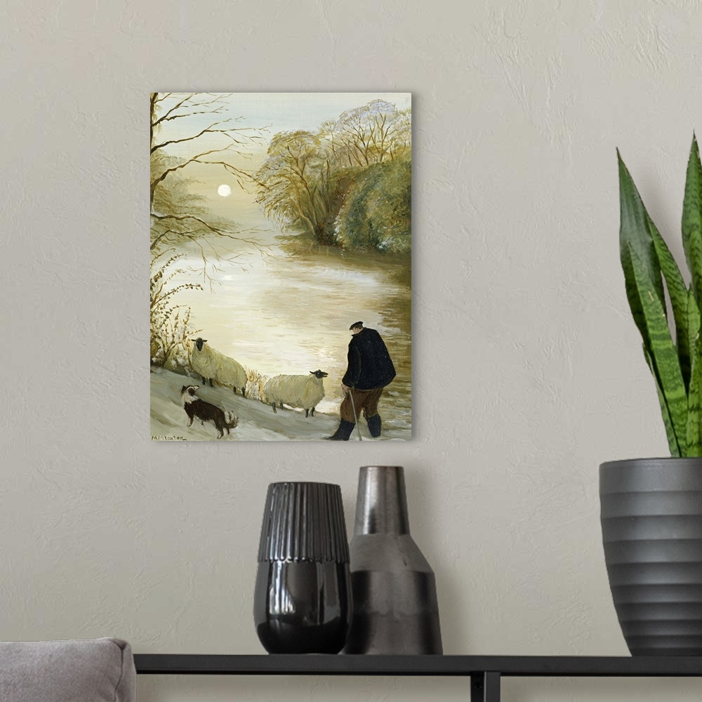 A modern room featuring Contemporary painting of a shepherd working outside in the winter.