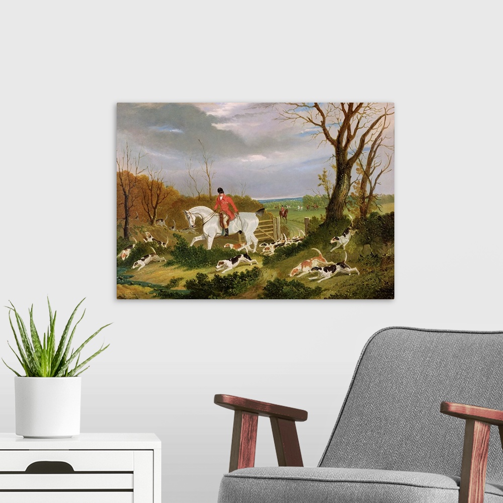 A modern room featuring XYC158549 The Suffolk Hunt - Going to Cover near Herringswell (oil on canvas) by Herring Snr, Joh...