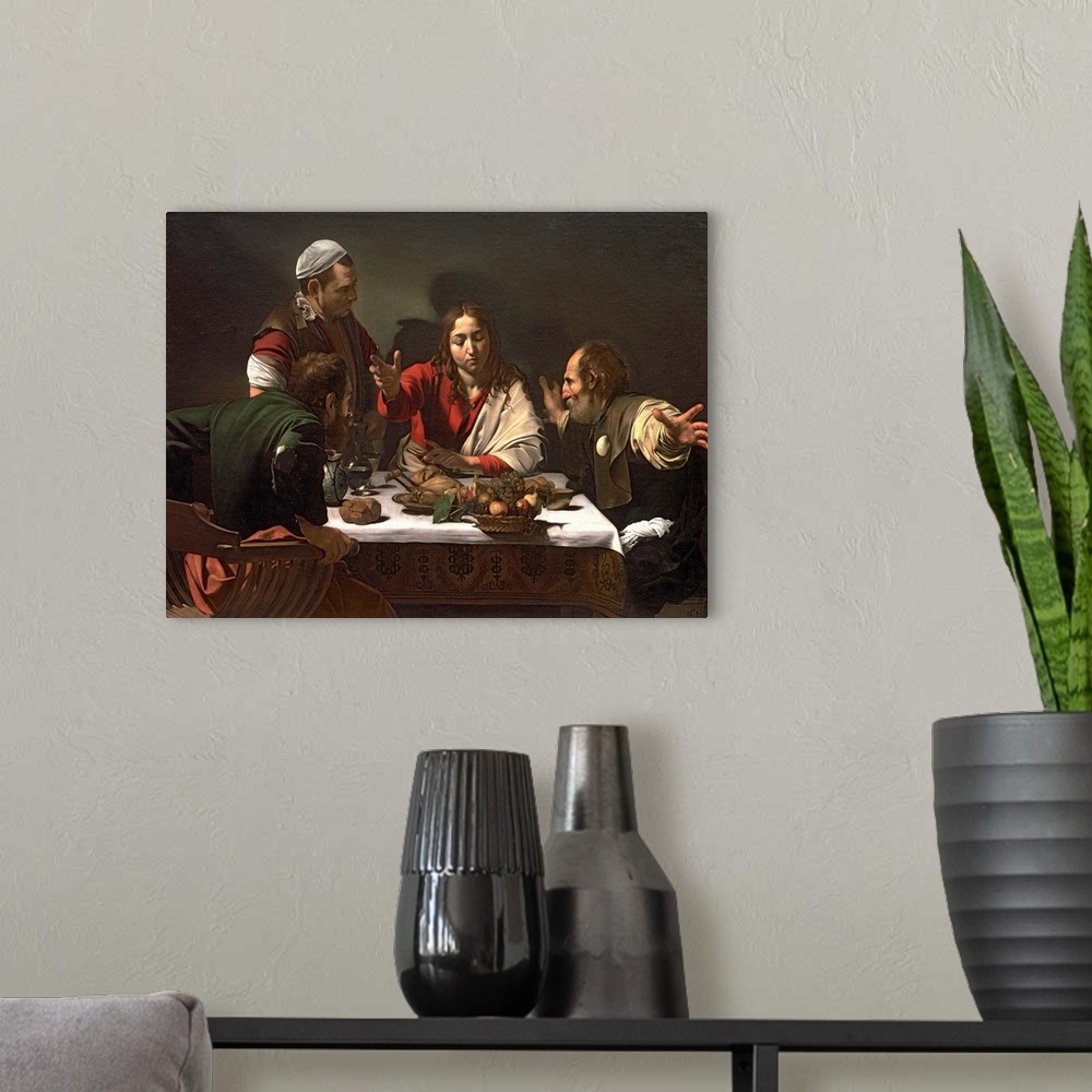 A modern room featuring BAL928 The Supper at Emmaus, 1601 (oil and tempera on canvas)  by Caravaggio, Michelangelo Merisi...