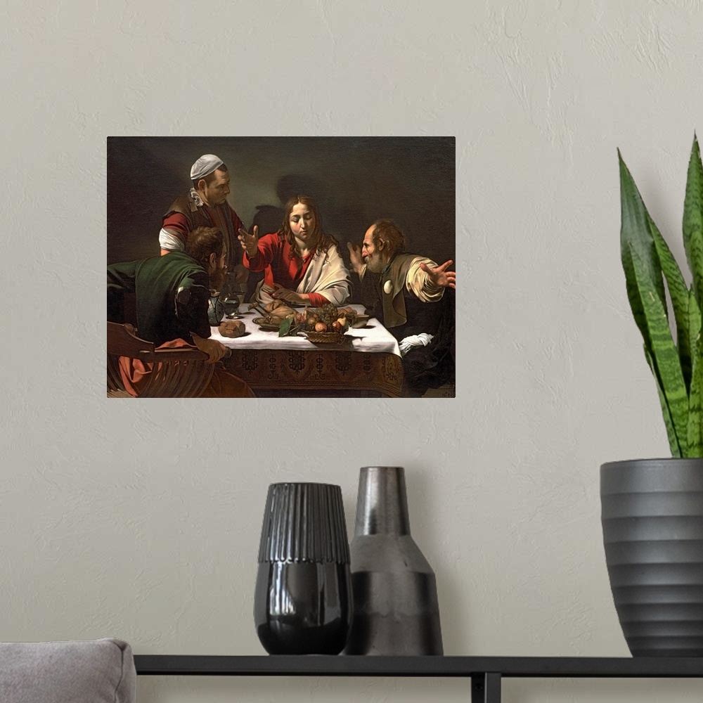 A modern room featuring BAL928 The Supper at Emmaus, 1601 (oil and tempera on canvas)  by Caravaggio, Michelangelo Merisi...