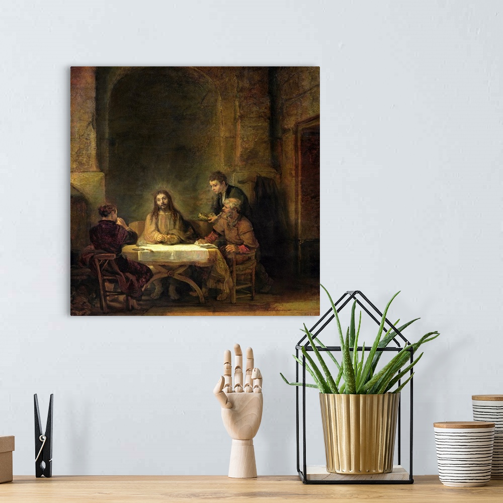 A bohemian room featuring XIR24941 The Supper at Emmaus, 1648 (oil on panel)  by Rembrandt Harmensz. van Rijn (1606-69); 68...