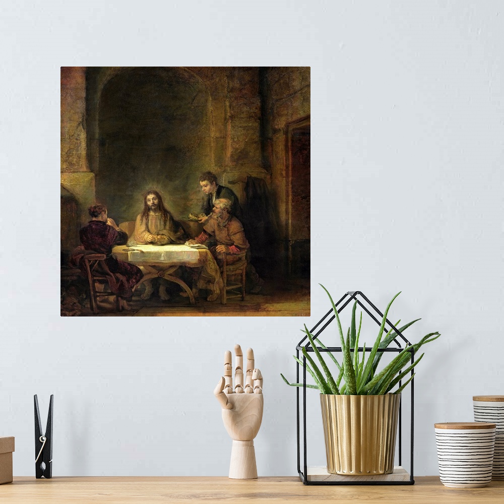 A bohemian room featuring XIR24941 The Supper at Emmaus, 1648 (oil on panel)  by Rembrandt Harmensz. van Rijn (1606-69); 68...