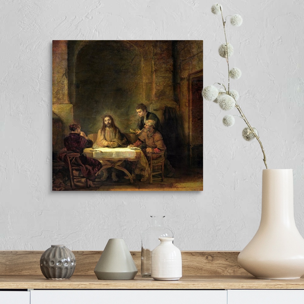 A farmhouse room featuring XIR24941 The Supper at Emmaus, 1648 (oil on panel)  by Rembrandt Harmensz. van Rijn (1606-69); 68...