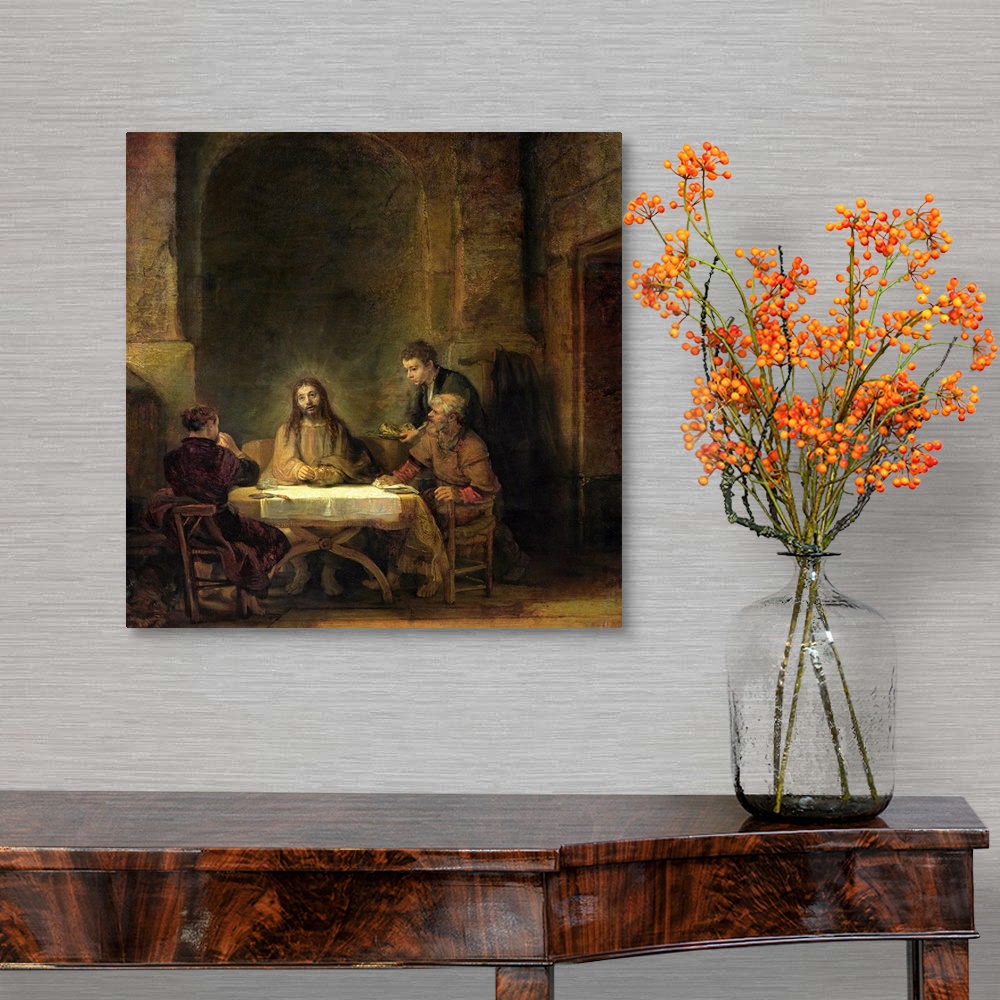 A traditional room featuring XIR24941 The Supper at Emmaus, 1648 (oil on panel)  by Rembrandt Harmensz. van Rijn (1606-69); 68...