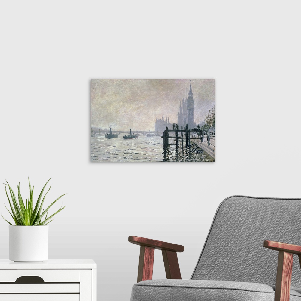 A modern room featuring Landscape, oversized wall painting of numerous boats and a dock along the Thames River, below Wes...
