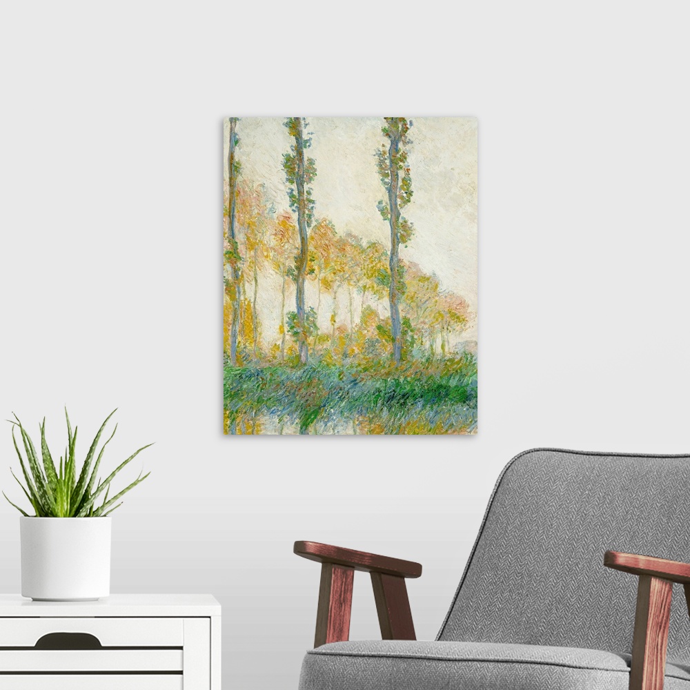 A modern room featuring Large oil painting of tall and thin trees lining a waterfront area with tall grass.